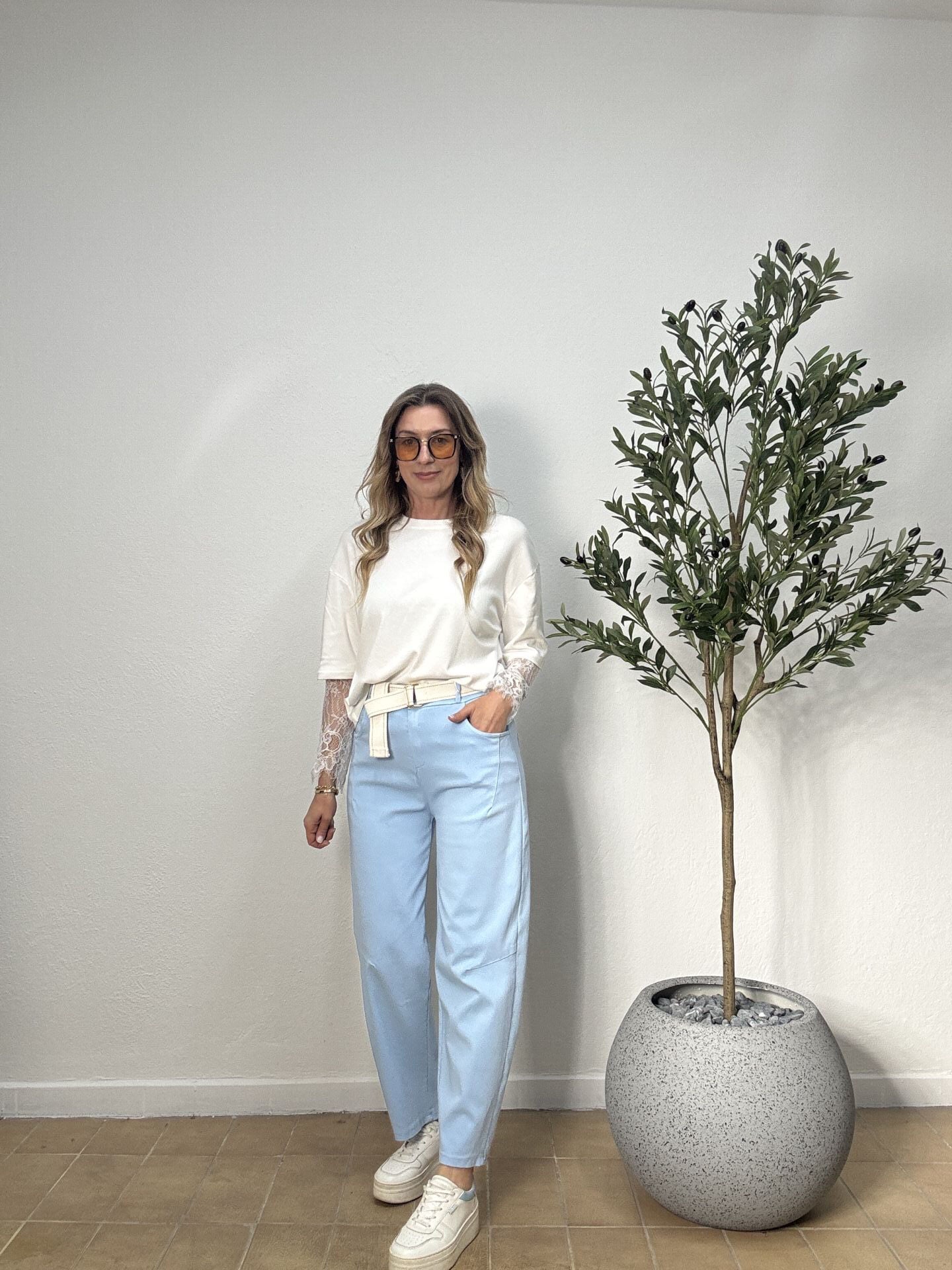 İTHAL KENDİNDEN KEMERLİ ESNEK PANTOLON 563 STD - Mavi