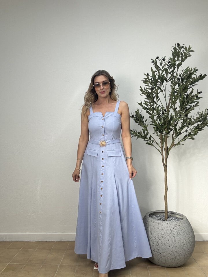 İTHAL KETEN GOLD DÜĞMELİ BROŞLU ELBİSE 021 L-XL - Mavi