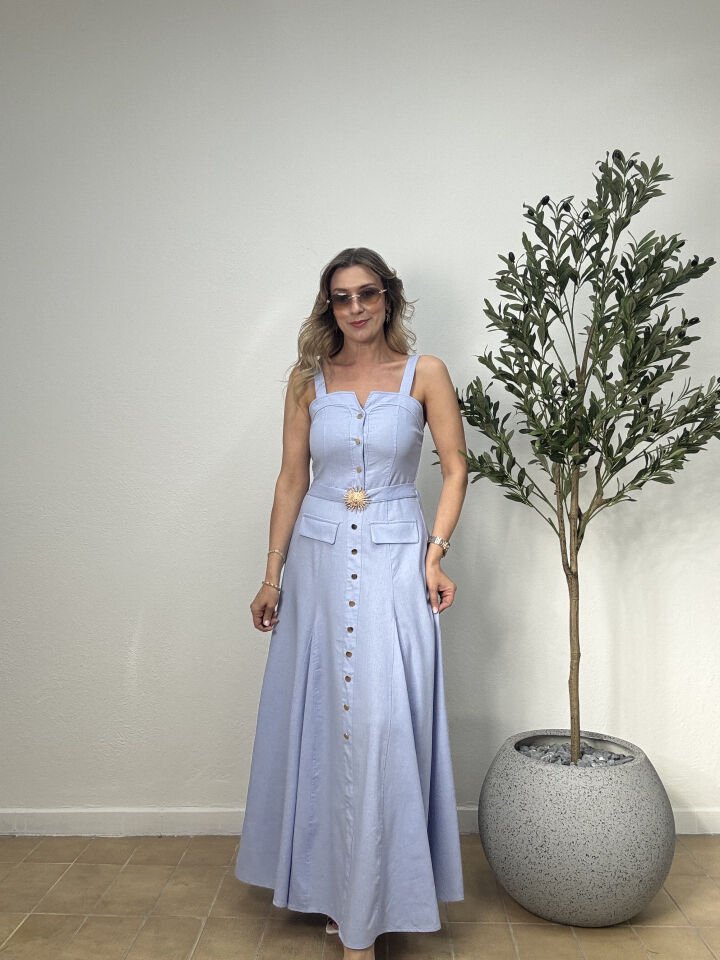 İTHAL KETEN GOLD DÜĞMELİ BROŞLU ELBİSE 021 L-XL - Mavi