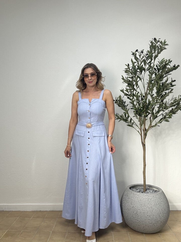 İTHAL KETEN GOLD DÜĞMELİ BROŞLU ELBİSE 021 L-XL - Mavi