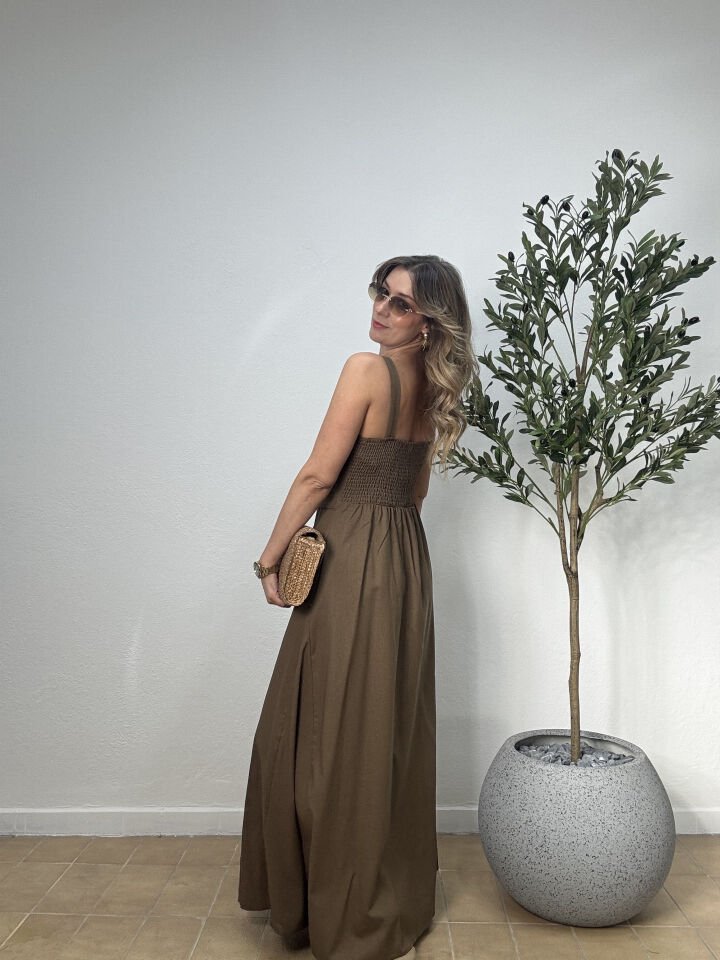 İTHAL KETEN GOLD DÜĞMELİ BROŞLU ELBİSE 021 L-XL - Yeşil