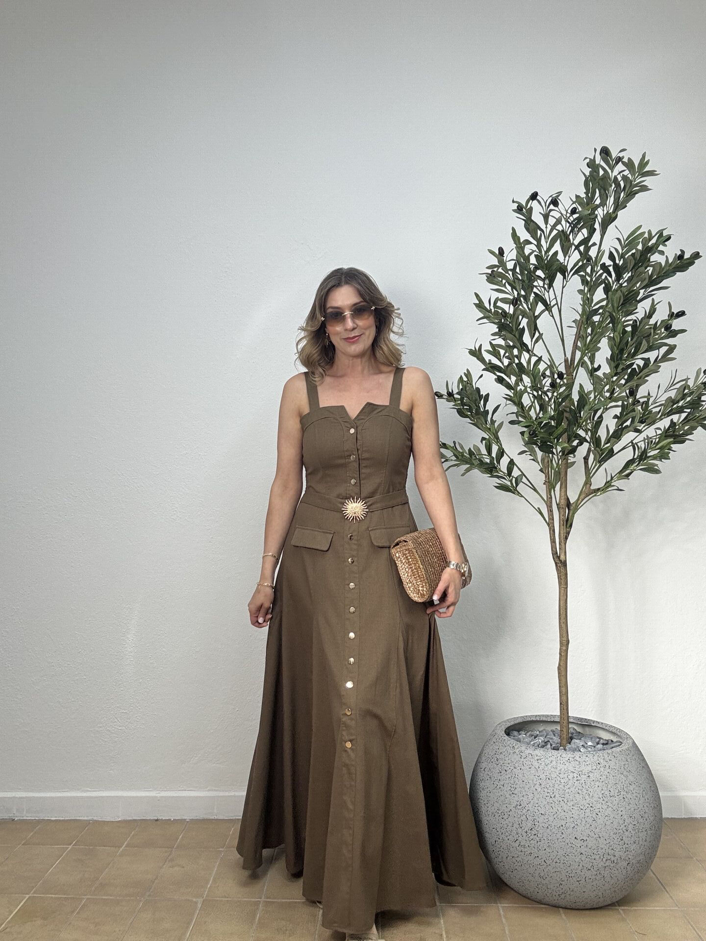 İTHAL KETEN GOLD DÜĞMELİ BROŞLU ELBİSE 021 L-XL - Yeşil