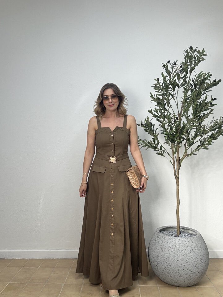 İTHAL KETEN GOLD DÜĞMELİ BROŞLU ELBİSE 021 L-XL - Yeşil