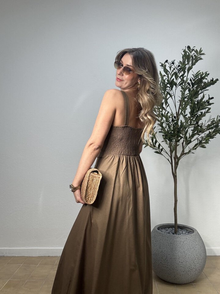 İTHAL KETEN GOLD DÜĞMELİ BROŞLU ELBİSE 021 L-XL - Yeşil