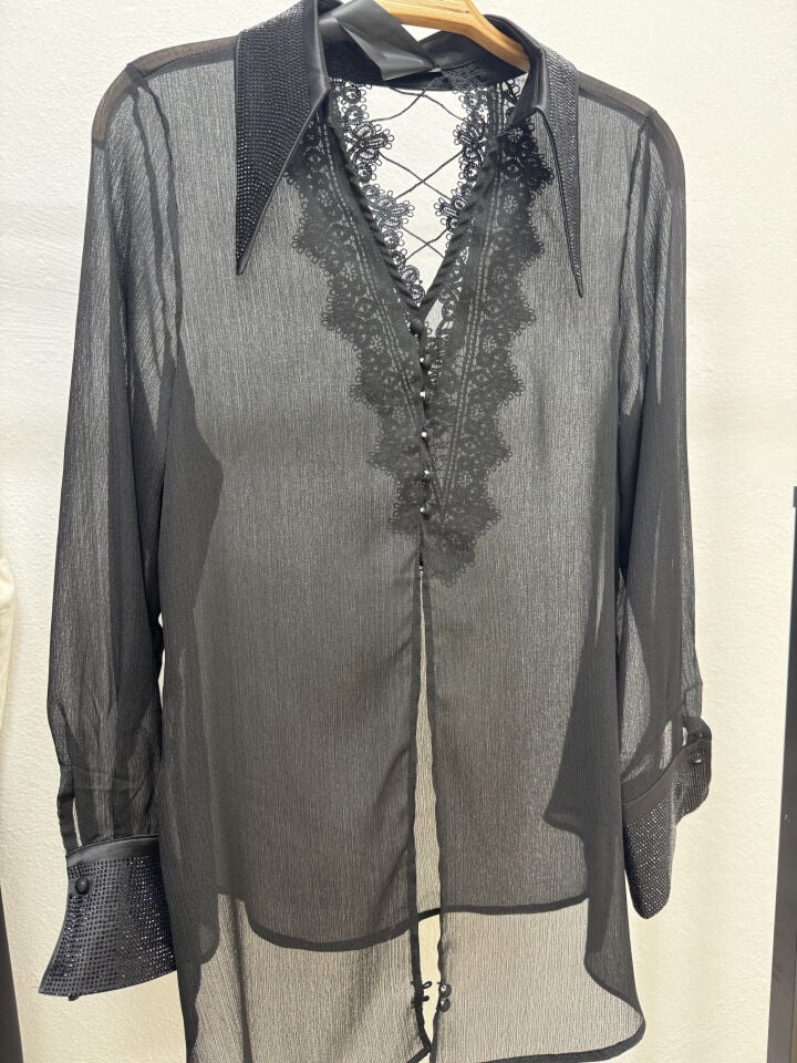 YAKASI TAŞLI ARKASI DANTELLİ TENSEL GÖMLEK Siyah - S