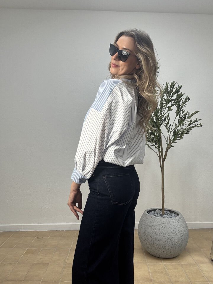 ÇİZGİLİ PATCHWORK GÖMLEK 3132 Mavi