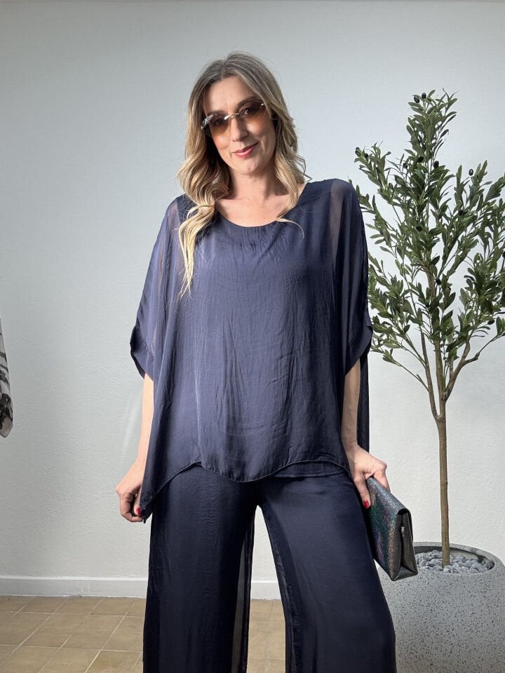 İTHAL DÜZ DESEN İPEK TAKIM 6117 STD - Lacivert
