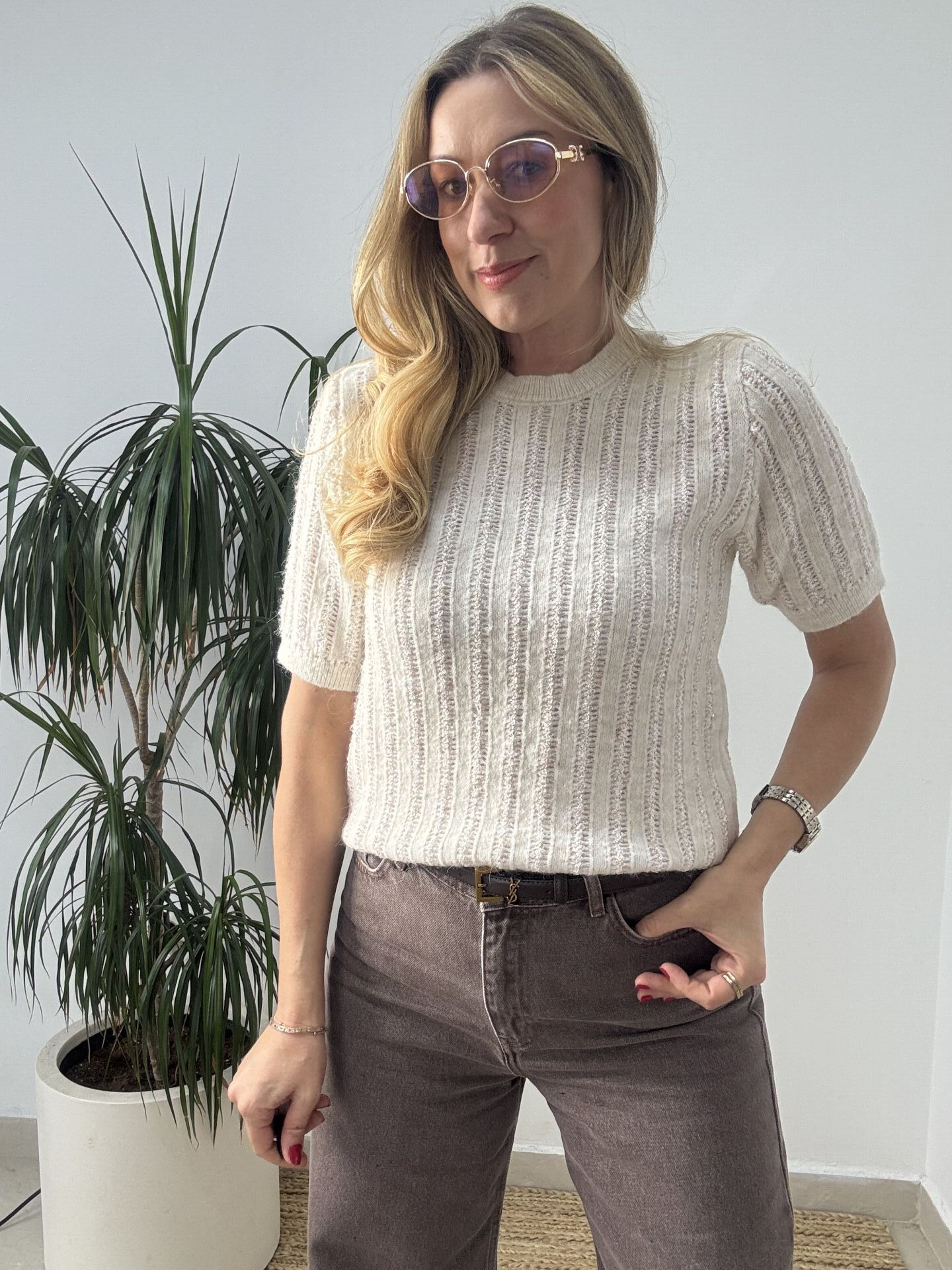 KISAKOLLU IŞILTILI TRİKO KREM / STD