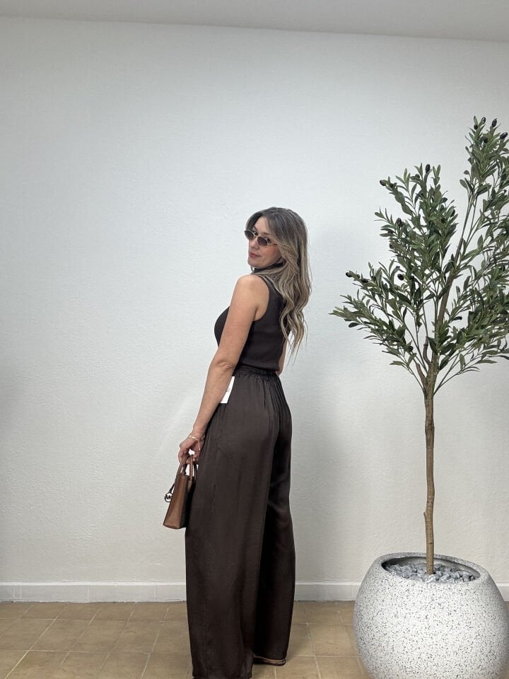 İTHAL BELİ LASTİKLİ SATEN PANTOLON 16041 Kahverengi - STD