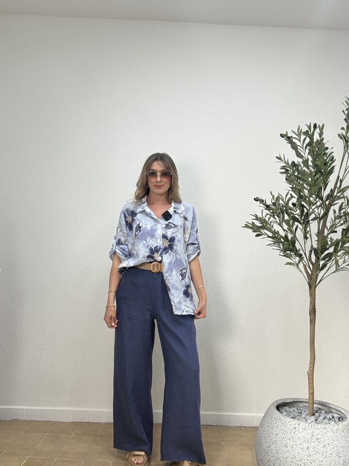 İTHAL HASIR KEMERLİ BELİ LASTİKLİ KETEN PANTOLON 160413 Lacivert - STD