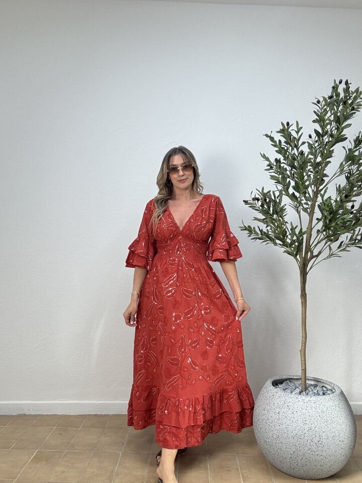 İTHAL PAMUK PAYETLİ VOLANLI UZUN ELBİSE Kiremit - STD