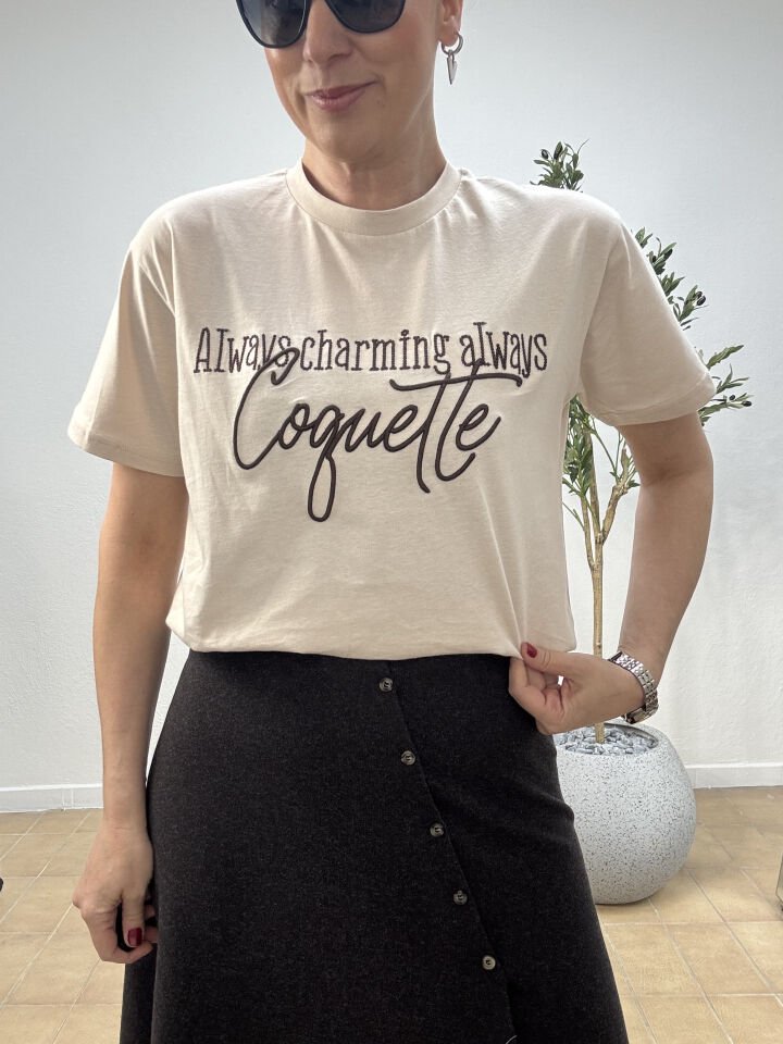 YAZI BASKILI T-SHIRT 1880 Bej - S