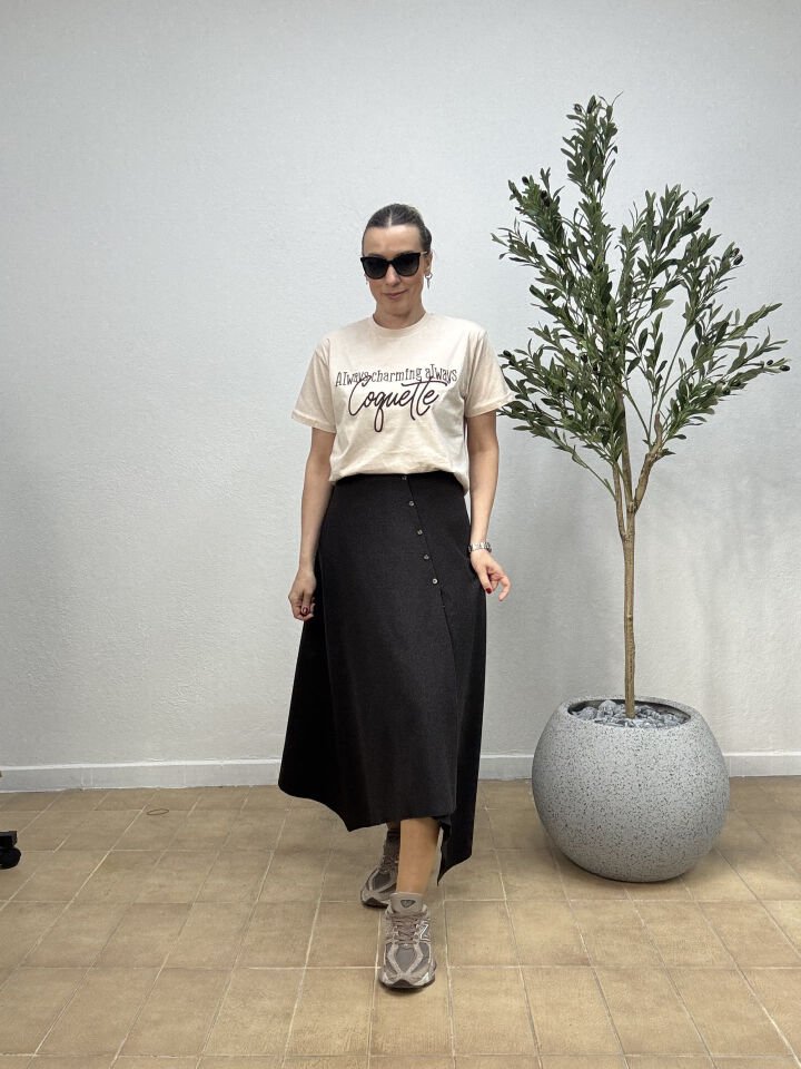 YAZI BASKILI T-SHIRT 1880 Bej - S