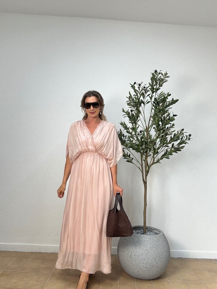 İTHAL İPEK KISA KOLLU ELBİSE 5001 STD - Pembe