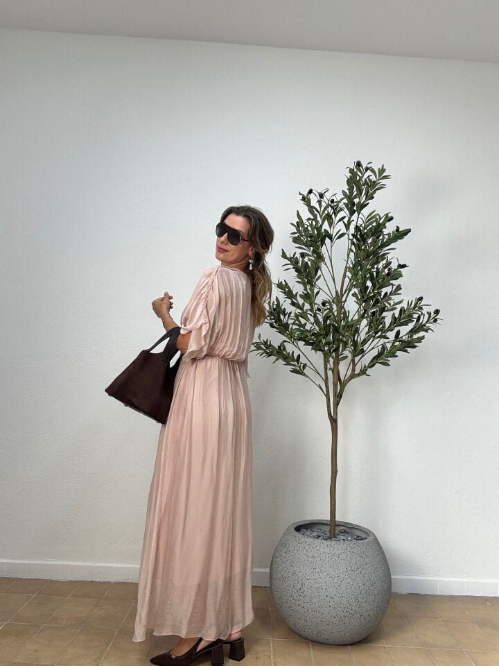 İTHAL İPEK KISA KOLLU ELBİSE 5001 STD - Pembe