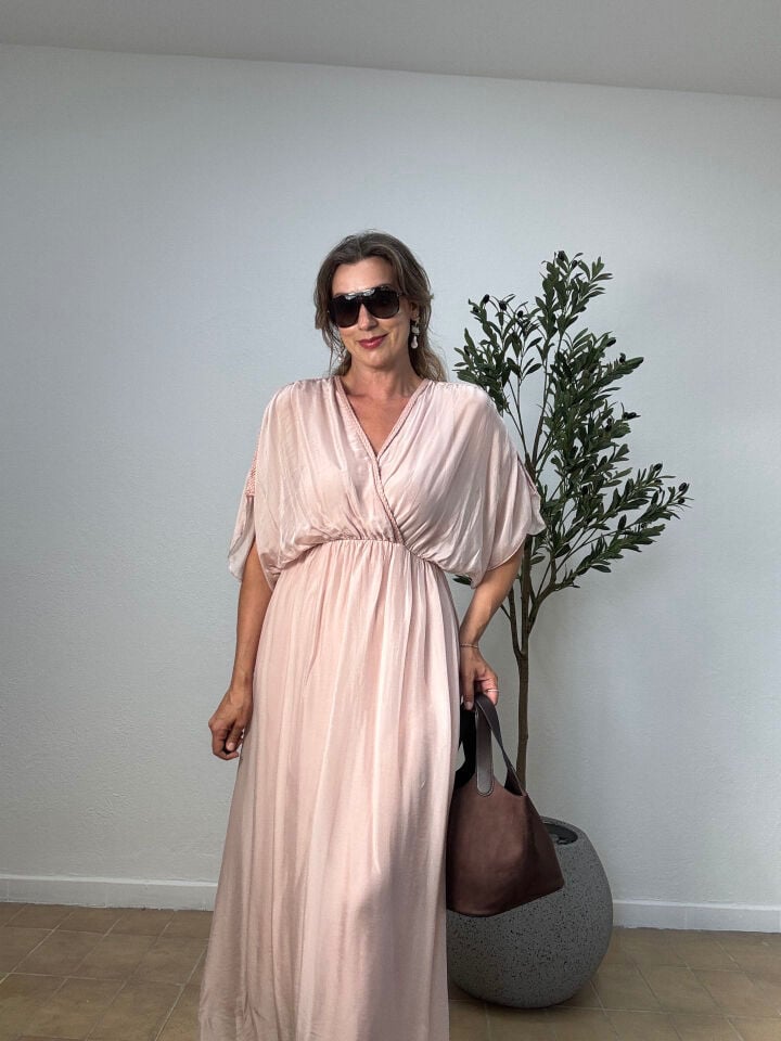 İTHAL İPEK KISA KOLLU ELBİSE 5001 STD - Pembe