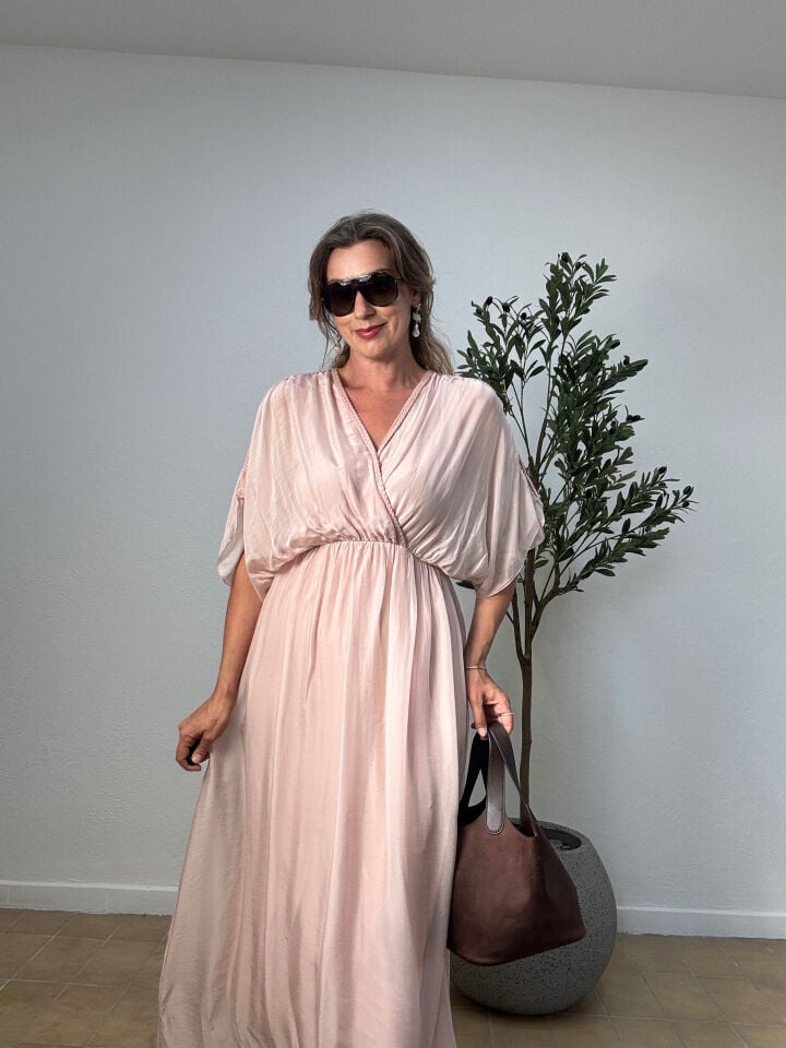 İTHAL İPEK KISA KOLLU ELBİSE 5001 STD - Pembe