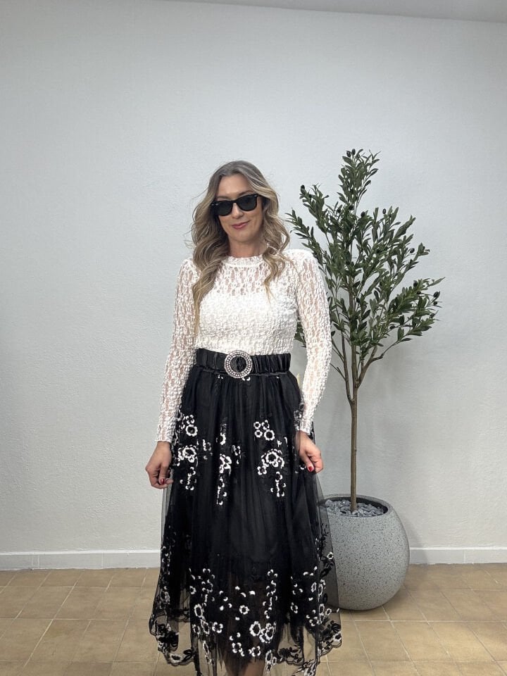 DANTEL TÜL BLUZ 1886 S - Beyaz