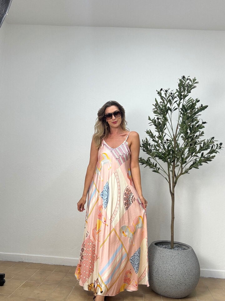 İTHAL ASKILI AT DESNLİ  PAMUK SATEN ELBİSE 6000 STD - Pembe