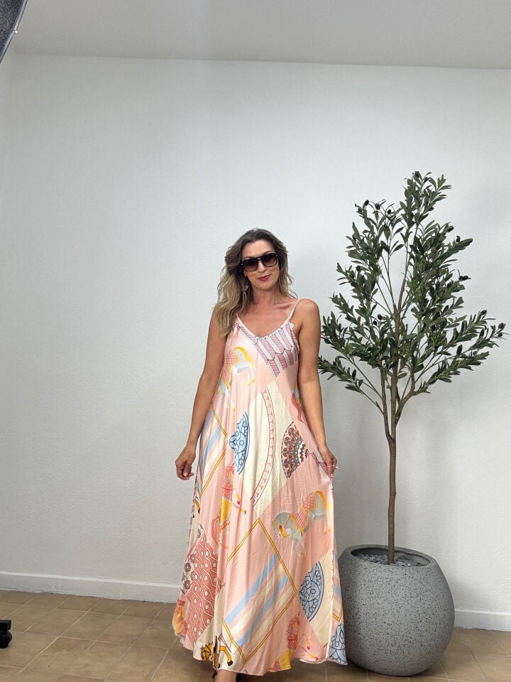 İTHAL ASKILI AT DESNLİ  PAMUK SATEN ELBİSE 6000 STD - Pembe