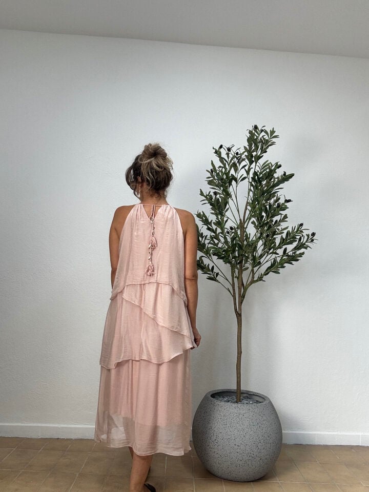İTHAL İPEK BONCUK DETAYLI UZUN ELBİSE 22 STD - Pembe