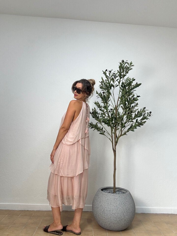 İTHAL İPEK BONCUK DETAYLI UZUN ELBİSE 22 STD - Pembe