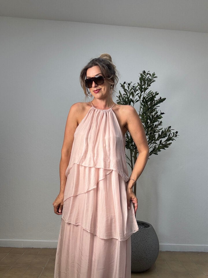 İTHAL İPEK BONCUK DETAYLI UZUN ELBİSE 22 STD - Pembe