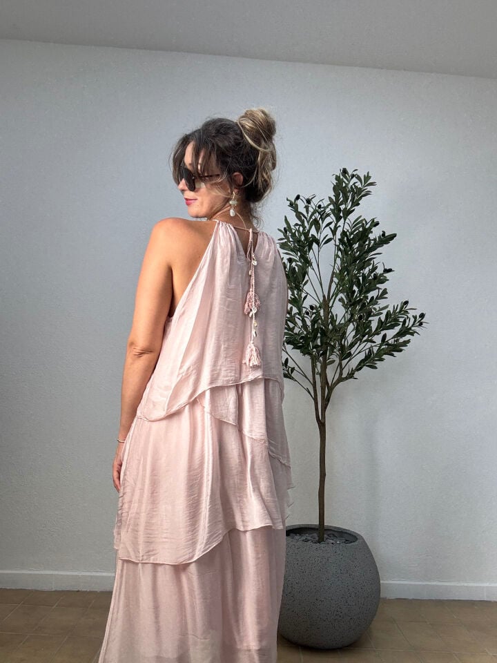 İTHAL İPEK BONCUK DETAYLI UZUN ELBİSE 22 STD - Pembe